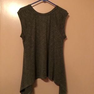 Asymmetrical olive green sleeveless knit sweater.